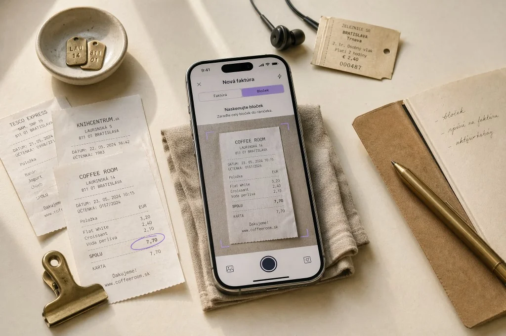 iPhone v eFaktúre skenuje bloček Coffee Room na ľanovej obrúske, okolo papierové bločky, slúchadlá a vlakovenka
