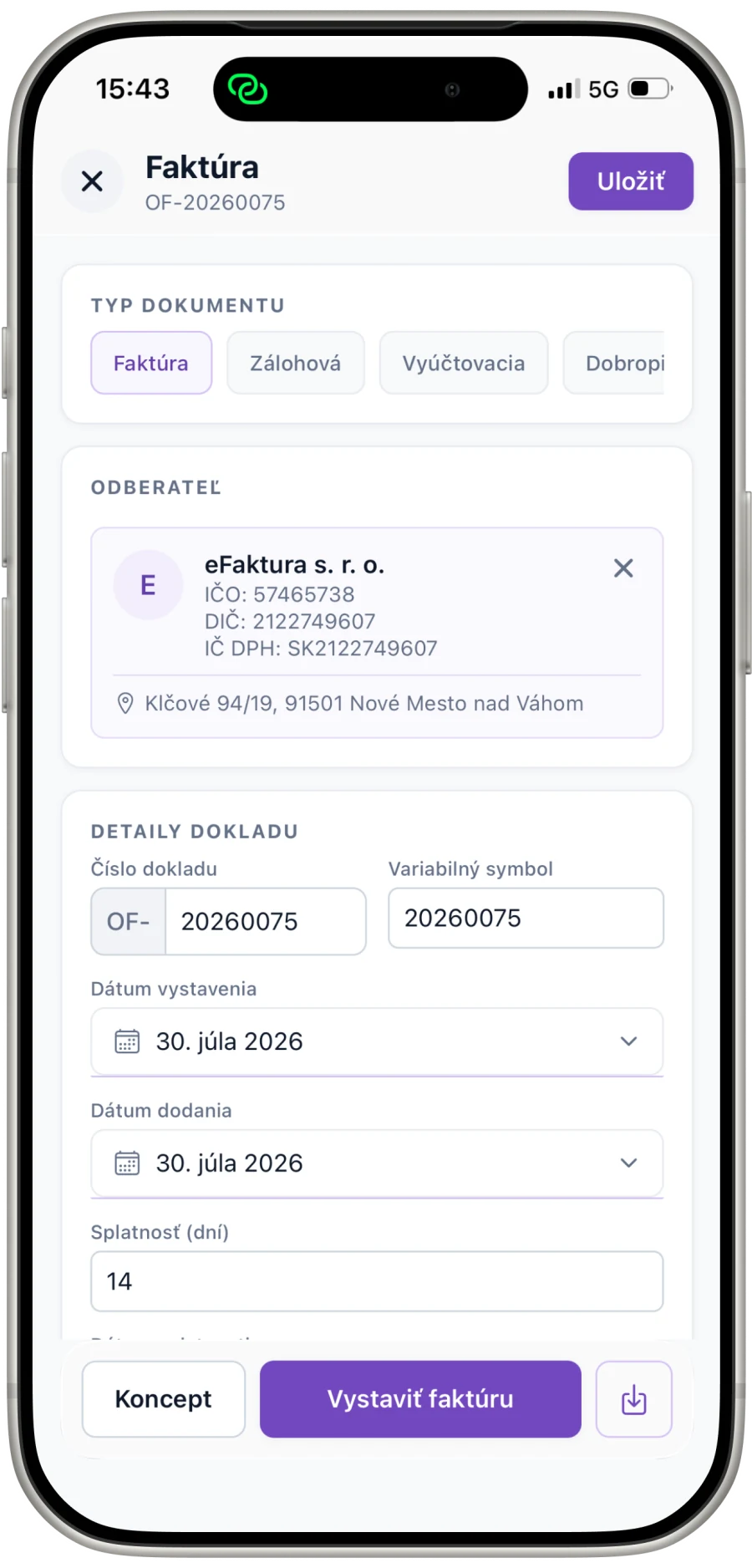 Mobilná aplikácia eFaktúra s formulárom novej faktúry